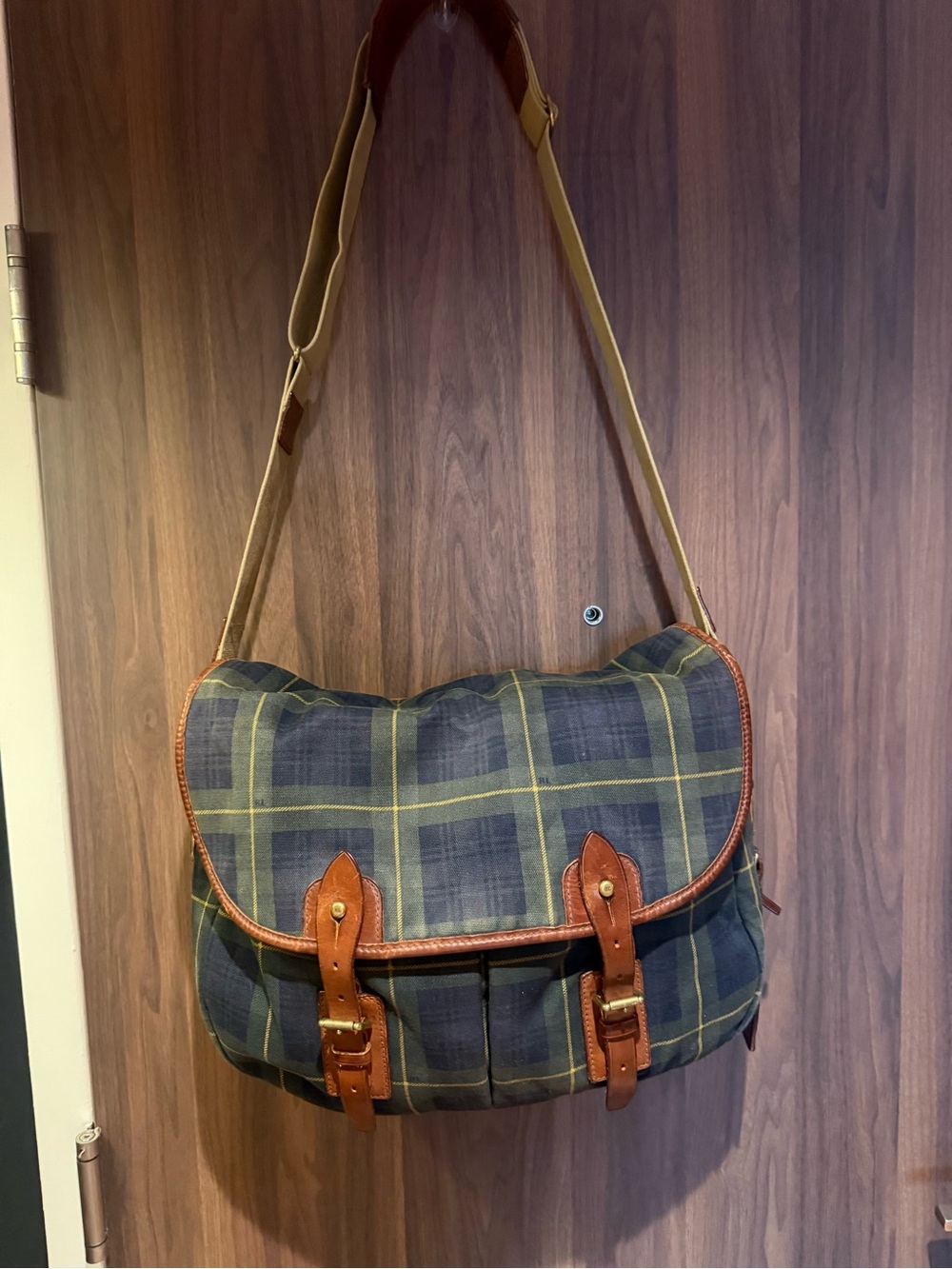 Ralph Lauren Green Plaid Canvas Messenger Bag with Brown Leather Trim